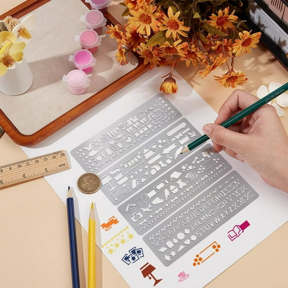 4Pcs Metal Stencils for Wood Burning Mixed Patterns Stencils Stainless Steel Reusable Templates Alphabet and Number Bookmark Ruler School Supplies for DIY Engraving Painting Scrapbooking