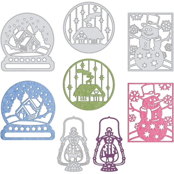 4Pcs Metal Winter Cutting Dies Christmas Snow Globe Snowman House Lights Stencil Template for Scrapbook Embossing Album Paper Card Craft Festival Decor Matte Platinum