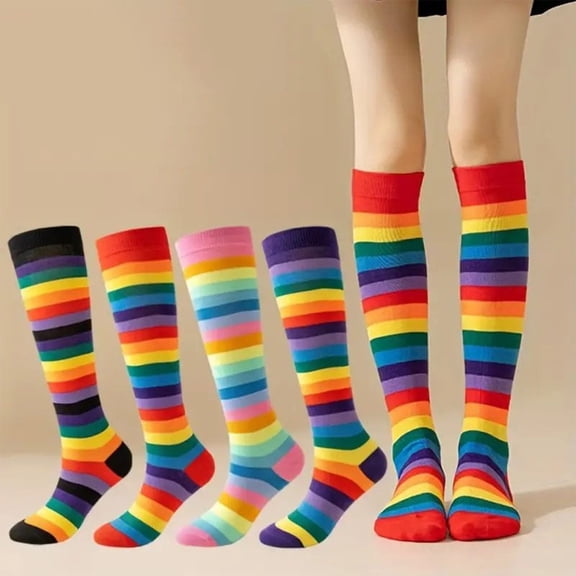 4Pcs Mid-Calf Rainbow Socks Under $5! Kadlawus Breathable Mid Calf Socks, Sweat Absorbing Ankle Socks, Rainbow Striped Casual Socks, Comfortable Everyday Socks, Lightweight Athletic Socks