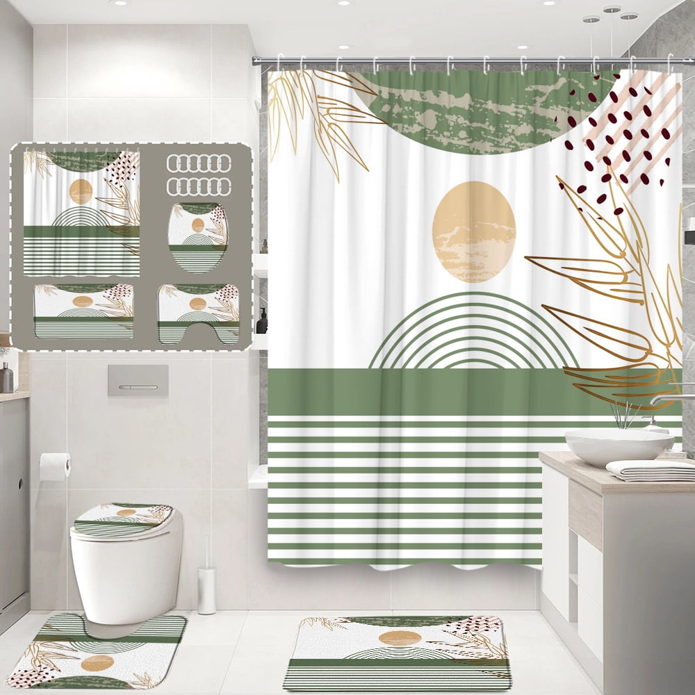 4Pcs Mid Century Modern Geometric Shower Curtain Arched Green Leaf Sun