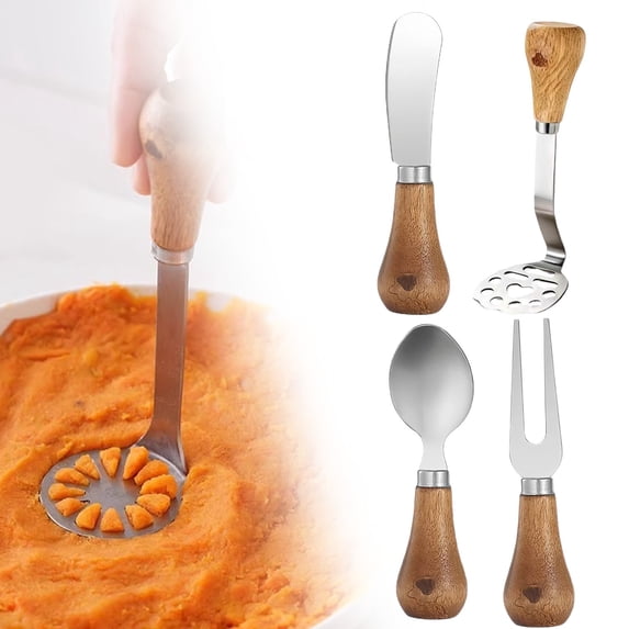 4Pcs Mini Avocado Potato Masher, Stainless Steel Cheese Tool Set with Wood Non Slip Handle, Bean Vegetables Food Mashers Kitchen Mashing Utensil