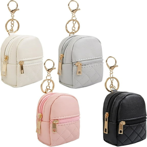 4Pcs Mini Backpack Keychain,Cute Cosmetic Bag for Women,PU Leather Makeup Bag Key Pocket Lipstick Bag Card Holder Data Cable Organizer Zipper Pouch,Black Beige Pink Gray