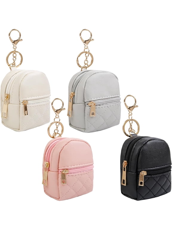 4Pcs Mini Backpack Keychain,Cute Cosmetic Bag for Women,PU Leather Makeup Bag Key Pocket Lipstick Bag Card Holder Data Cable Organizer Zipper Pouch,Black Beige Pink Gray