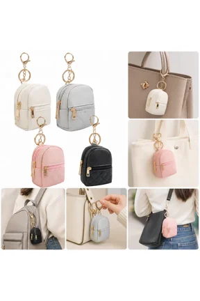 4Pcs Mini Backpack Keychain Pouch, PU Leather Mini Coin Purse for Women, Multi-Functional Zipper Keychain Pouch, Portable Mini Bag for Cards, Lipstick, Data Cable and Small Accessories, Black Beige P