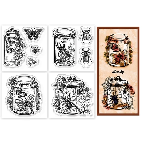 4Pcs Mini Bottle Insects Clear Stamps for DIY Scrapbooking Mini Butterfly Bee Spider Beetle Silicone Stamp Seals Transparent Stamps