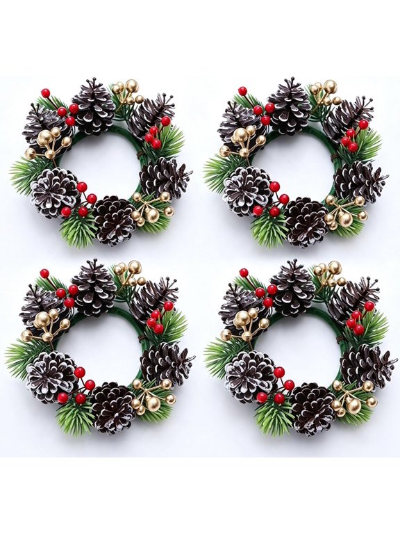 4Pcs Mini Christmas Candle Ring Wreath with Pinecones & Red Berries 6" Christmas candle ring with frosted pinecones, berries and pine needles for candles, centerpieces and holiday dcor.