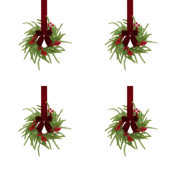 4Pcs Mini Christmas Wreaths,Artificial Christmas Cabinet Kitchen Wreaths,Farmhouse Winter Wreath for Front Door, Window, Mantel, Fireplace Indoor Home Xmas Decor