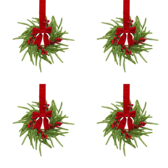 4Pcs Mini Christmas Wreaths,Artificial Christmas Cabinet Kitchen Wreaths,Farmhouse Winter Wreath for Front Door, Window, Mantel, Fireplace Indoor Home Xmas Decor
