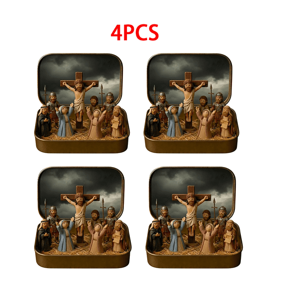 4Pcs Mini Crucifixion Scene in a Tin Box, Easter & Christian Gift for Family & Loved Ones, Small Religious Ornament, for Desk, Shelf, Office