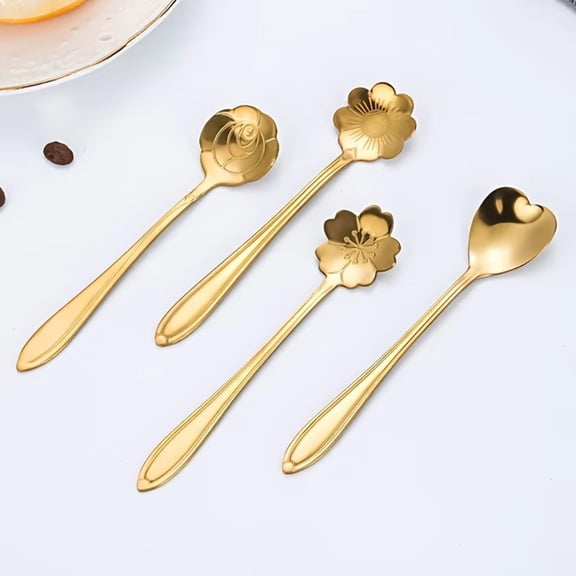 4Pcs Mini Flower Shape Teaspoon Set Stainless Steel Cute Dessert Spoon