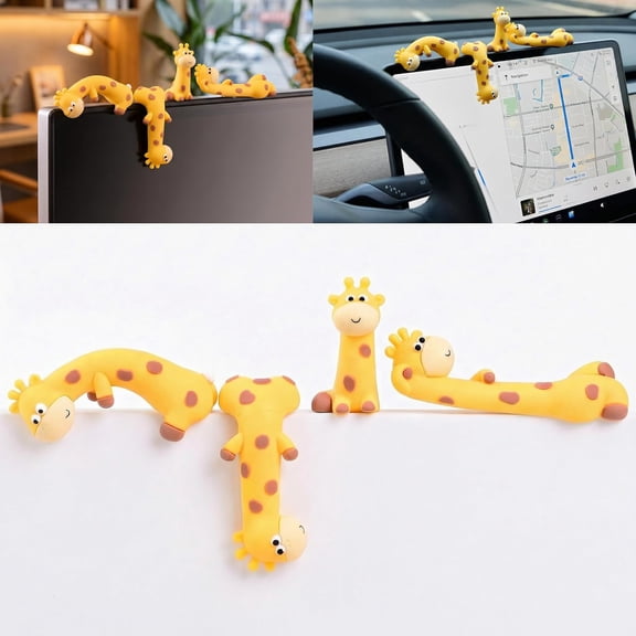 4Pcs Mini Giraffe Figurines for Computer Monitor Decor-Cute Resin Animal Ornaments for Car Dashboard, Desk Accessories & Office Decorations-Adorable Monitor Frame Hanging Screen Buddy Set