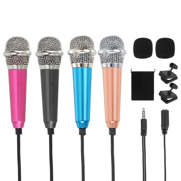 4Pcs Mini Microphone, Tiny Microphone with Sponge Cover, Holder and Drawstring Bag Portable(Rose Red/Black/Blue/Gold)