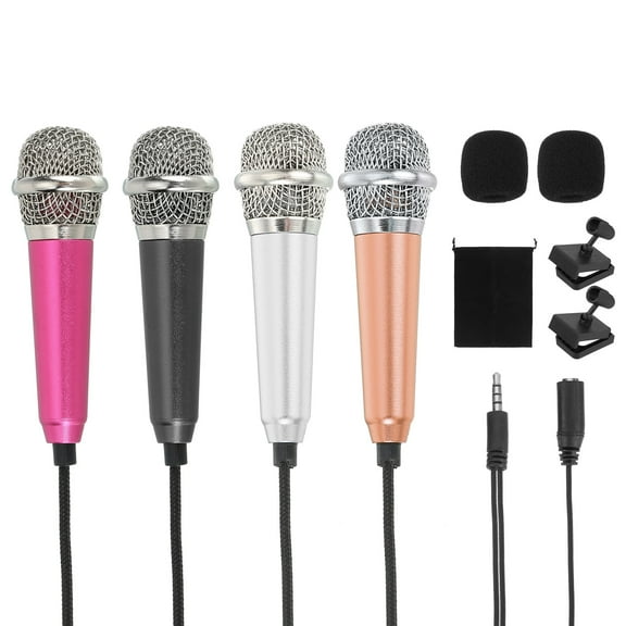 4Pcs Mini Microphone, Tiny Microphone with Sponge Cover, Holder and Drawstring Bag Portable(Rose Red/Silver/Black/Gold)