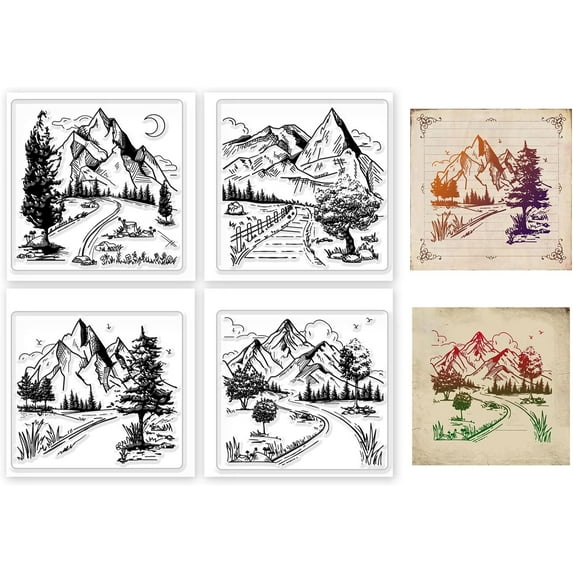 4Pcs Mini Mountain Forest Background Clear Stamps Tree Forest Background Clear Stamps Mountain Roads Clear Stamps for DIY Scrapbooking Photo Album Decorative Cards Making 2.2x2.2inch for DIY