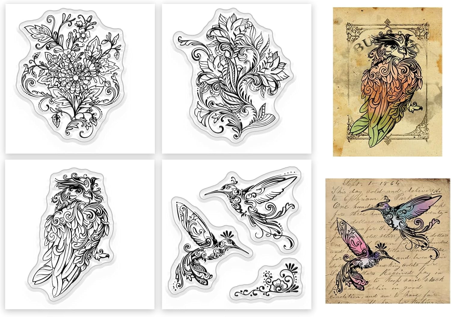 4Pcs Mini Retro Bird Flower Clear Stamps for DIY Scrapbooking Art Birds ...