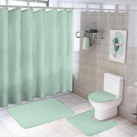 4Pcs Minimalist Mint Green Solid Plain Shower Curtain Sets, Bathroom Set Decor with Non-Slip Bath Mat, Toilet Lid Rug and Contour Mat, 72 x 72inch