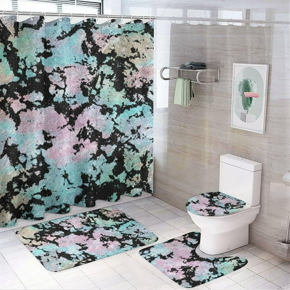 4Pcs Modern Black Glitter Marble Shower Curtain Sets, Bathroom Set Decor with Non-Slip Bath Mat, Toilet Lid Rug and Contour Mat, 72 x 72inch
