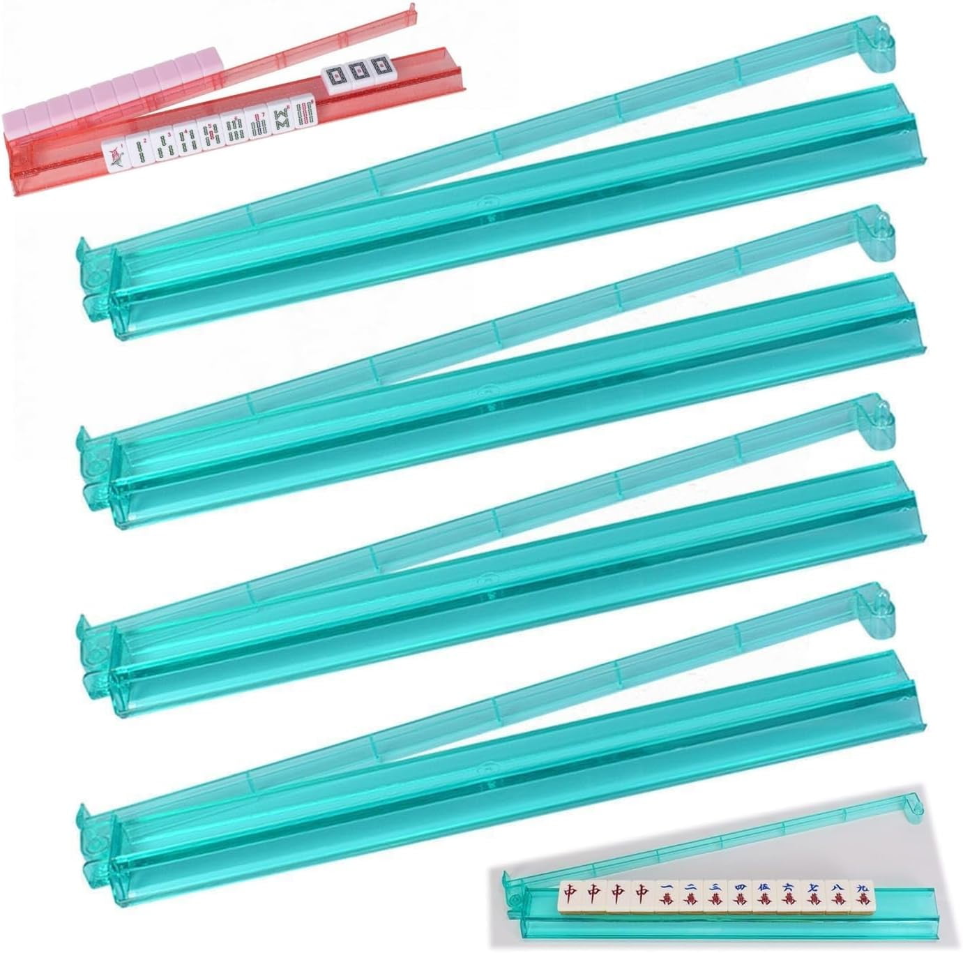 4Pcs Modern Mahjong Rack & Pusher Combo, Mahjong All-in-One Tile Rack & Pusher, Multicolor Acrylic Mahjong Rack & Pusher Combo, Clear Combo Rack (Green)
