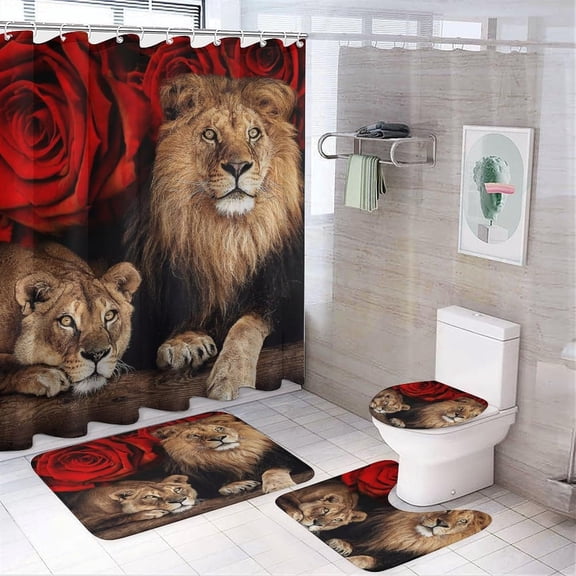 4Pcs Moon Night Lion Shower Curtain set Bathroom Set with Rugs,Durable Wild Animals Double Lion Toilet Lid Cover Bath Mat, Black Shower Curtain with 12 Hooks, Bathroom Curtain Decor Set of 4