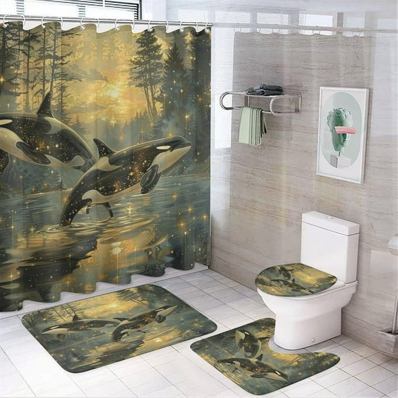 4Pcs Moon Orcas Shower Curtain Set with Toilet Lid Cover U-Shaped Mat and Non-Slip Rugs, Retro Night Star Forest Whale Shower Curtain Bathroom Decor Set, 72" x 72"