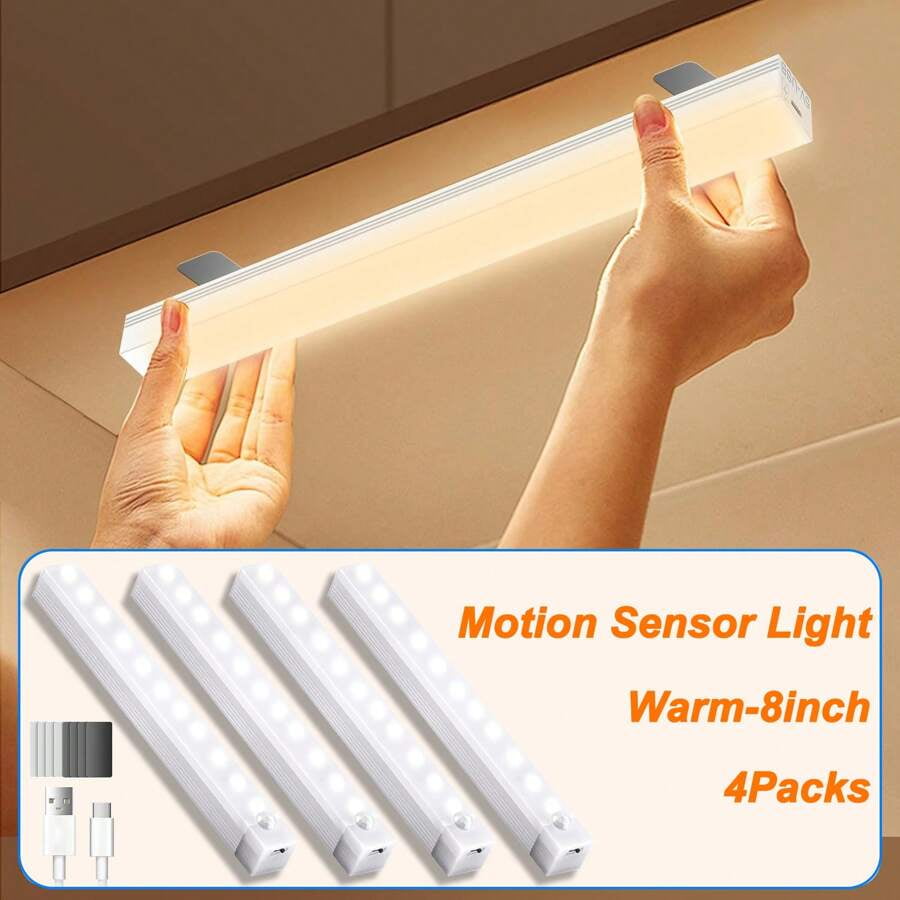 4Pcs Motion Sensor Under Cabinet Lights, Wireless USB Rechargeable ...