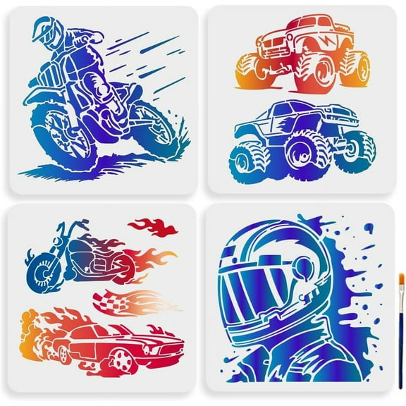 4Pcs Motorcycle Racing Stencil 11.8x11.8inches Reusable Racer Helmet Race Stencils Big Tires Off-Road Vehicle Drawing Templates Car Racing Flag Template for Painting on Wood Wall Decor colorful