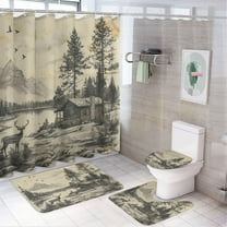 4Pcs Mountain Cabin Deer Shower Curtain Set with Toilet Lid Cover Non-Slip Rugs for Bathroom, Nature Rustic Forest Wilderness Scenery Shower Curtain Bathroom Sets with Hooks, 72x72 Inch