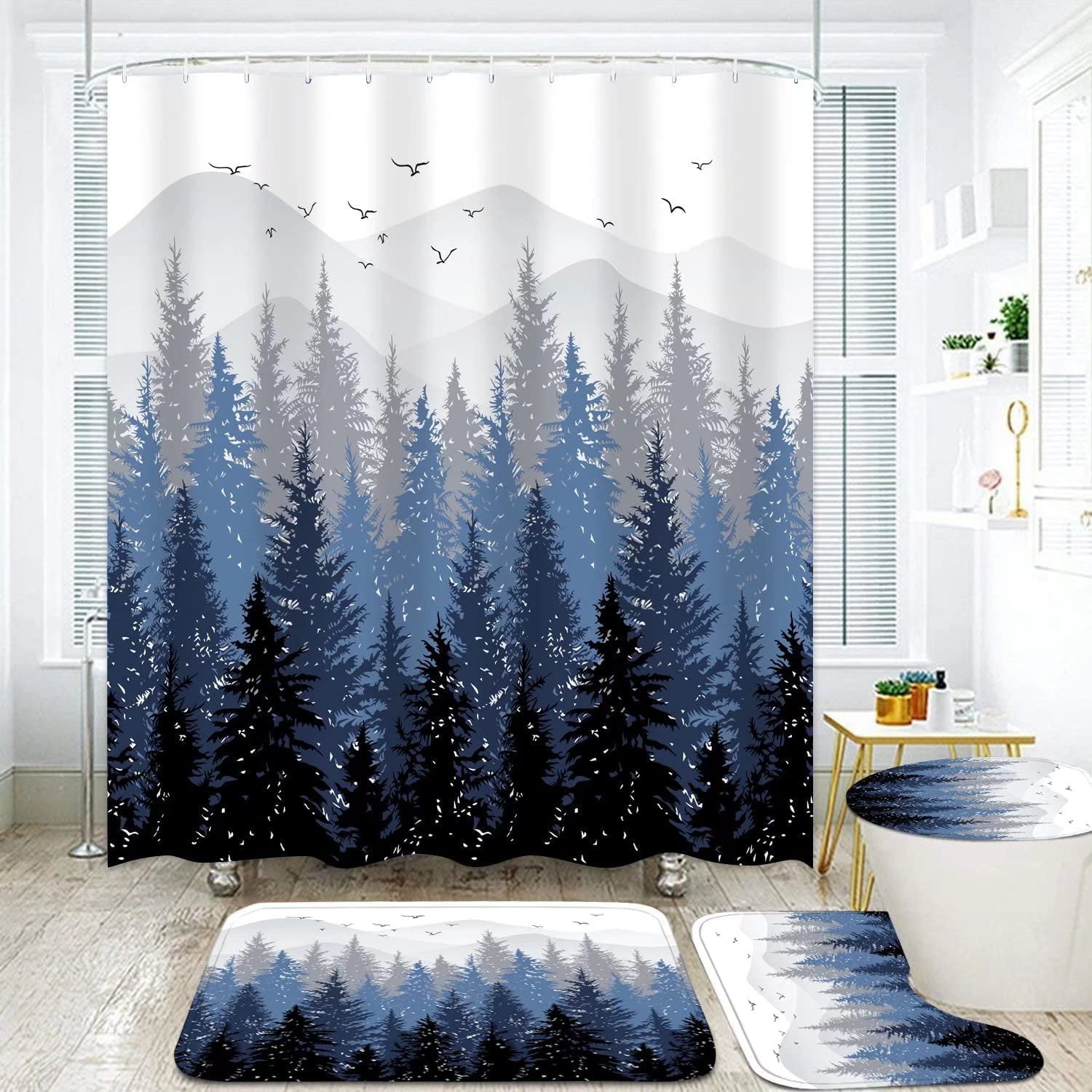 4Pcs Mountain Forest Shower Curtain Set with NonSlip Rug Toilet Lid
