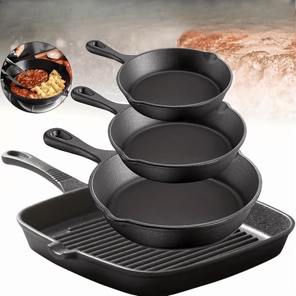 4Pcs Multi-Functional Cast Iron Skillet Set with Drip Spout, Versatile Frying & Baking Pans Compatible with All Stovetops, Durable Cookware for Home Cooking Camping Picnic