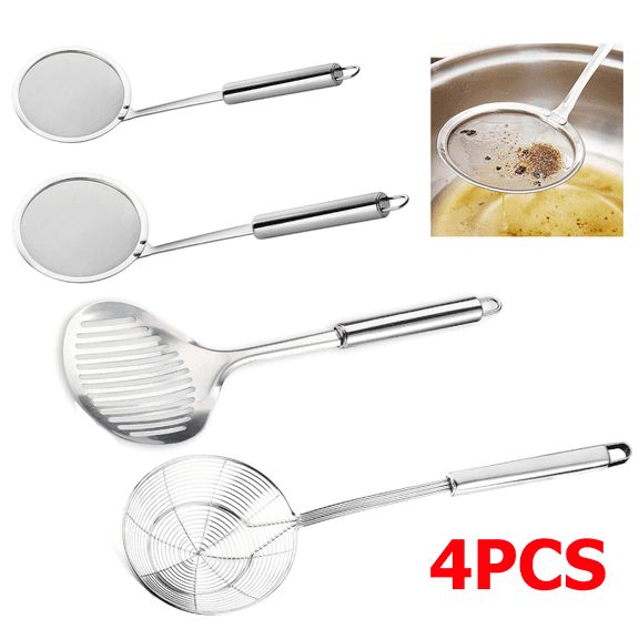 4Pcs Multi Kitchen Utensil Stainless Steel Cooking Skimmer Slotted Fish Turner Spatula Spoon Colander Drain Water Filter Spoon Ladle Spider Strainer Skimmer Ladle for Cooking &Frying
