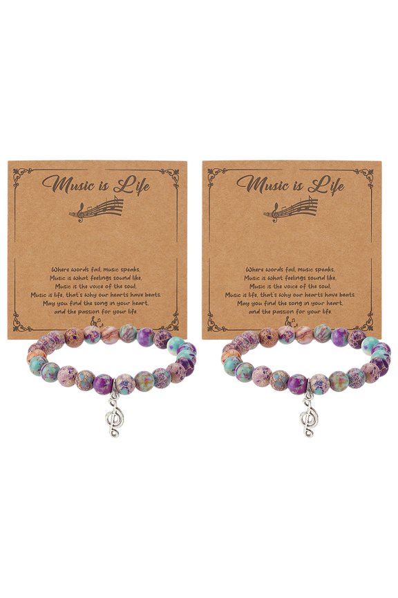 4Pcs Music Notes Bracelet Natural Imperial Jasper Bead Bracelets Musical Note Chain with Card Stretch Bracelet Music Themed Gifts