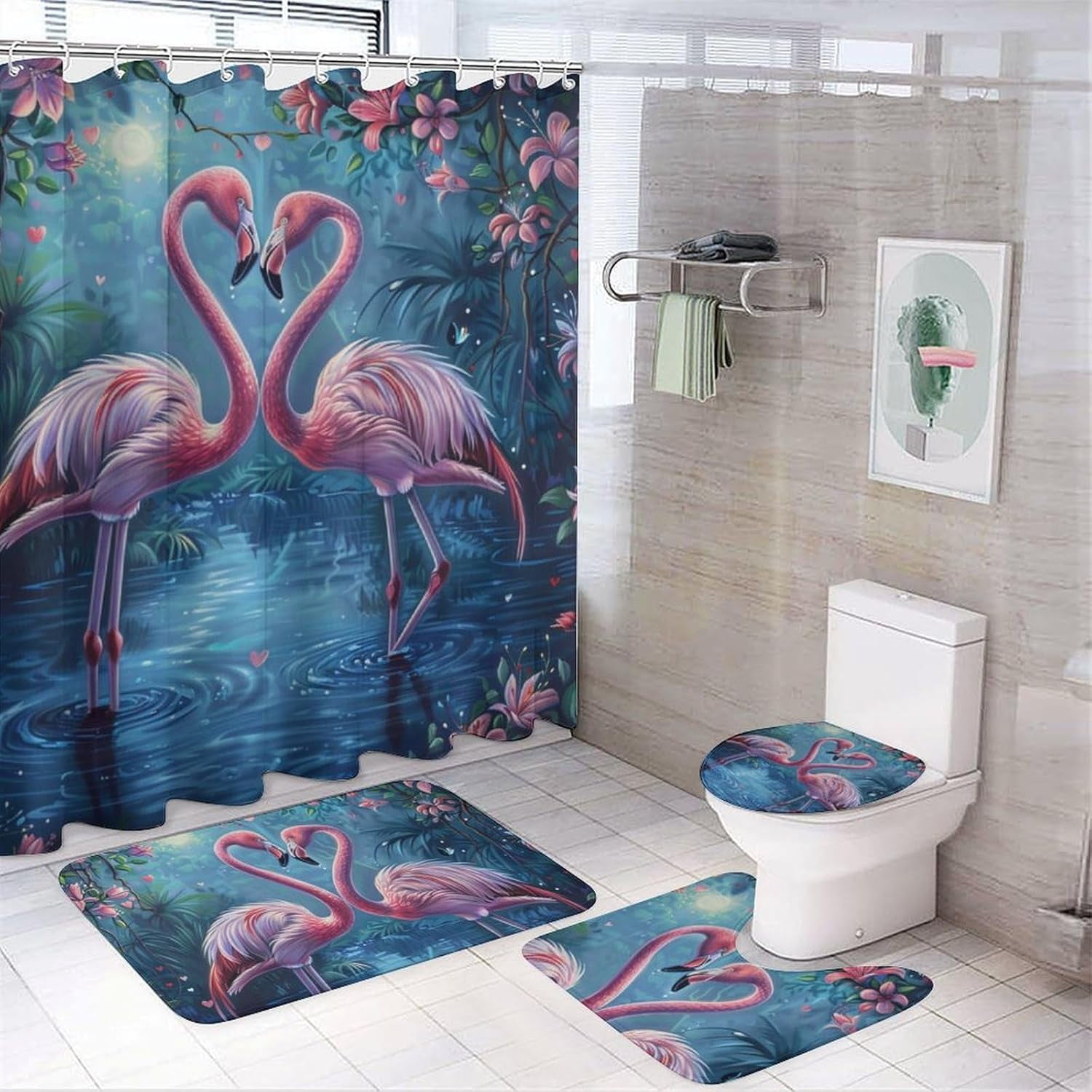 4Pcs Mystical Garden Shower Curtain Set, NonSlip Rug Toilet Lid Cover