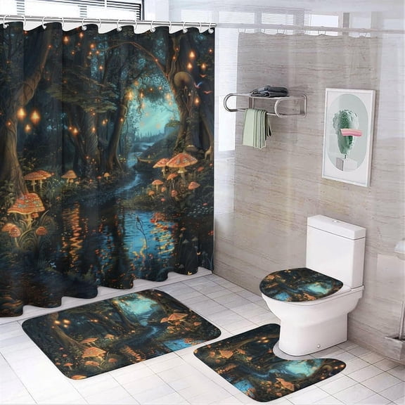 4Pcs Mystical Plants Garden Shower Curtain Set, Country Retro Star Mushroom Forest Bathroom Decor Sets with Rugs Bathroom Accessories Bathroom Curtain Shower Set, 72" x 72"