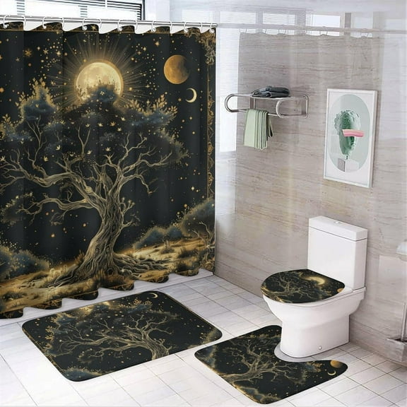 4Pcs Mystical Star Moon Shower Curtain Set, Bath Mat and Rugs, Tree of Life Fine Fantasy Shower Curtain with Hooks for Bathroom