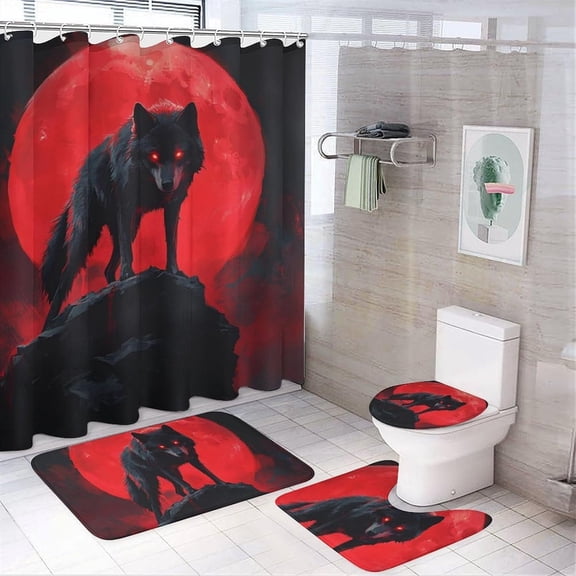 4Pcs Mystical Wolf Animal Shower Curtain Set with Rugs, Toilet Lid Cover and Bath Mat, Red Moon Rock Scenery Bathroom Curtains Decor Shower Curtains, 72" x 72"