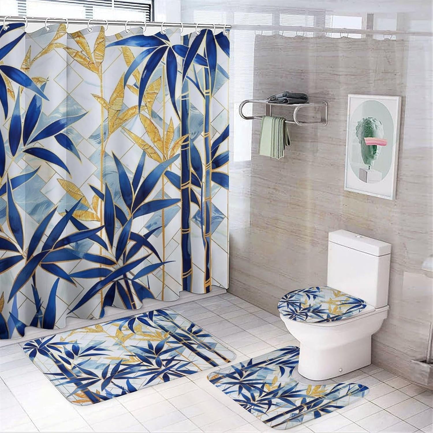 4Pcs Natural Plant Shower Curtain, Blue Gold Bamboo Forest Abstract
