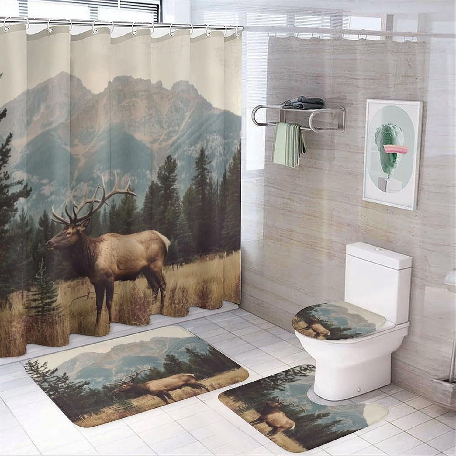 4Pcs Nature Forest Elk Shower Curtain Sets Bathroom Decor, Vintage