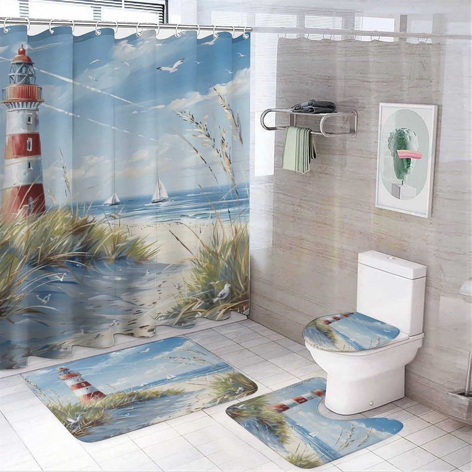 4Pcs Nautical Boat Lighthouse Shower Curtain, Bird Beach Coast Nature Landscape Shower Curtain Sets with Toilet Lid Cover, U-Shaped Mat and Non-Slip Rugs, Bathroom Decor Set 72 W X 72 L