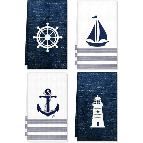4Pcs Nautical Kitchen Towel Navy Blue Waffle Dish Towels 18 x 26 Inch Summer Ocean Hand Drying Tea Towel for Cooking Baking Cleaning