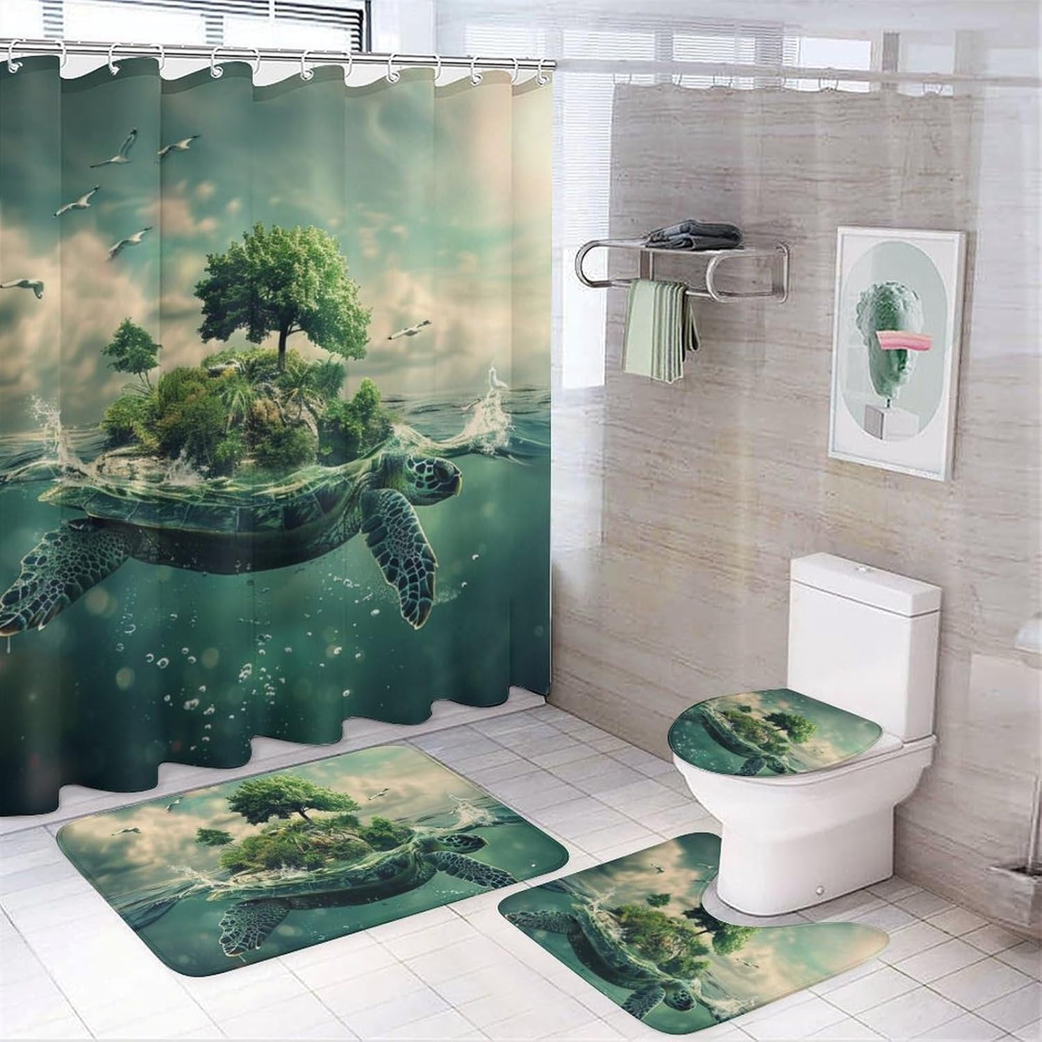 4Pcs Nautical Turtle Shower Curtain Set, NonSlip Rug Toilet Lid Cover