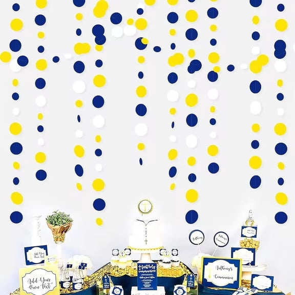 4Pcs Navy Blue Yellow Circle Dots Hanging Paper Garland Polka Dot Streamer Backdrops for Graduation Birthday Wedding Bridal Baby Shower Bachelorette Party Classroom Bedroom Decoration Supplies
