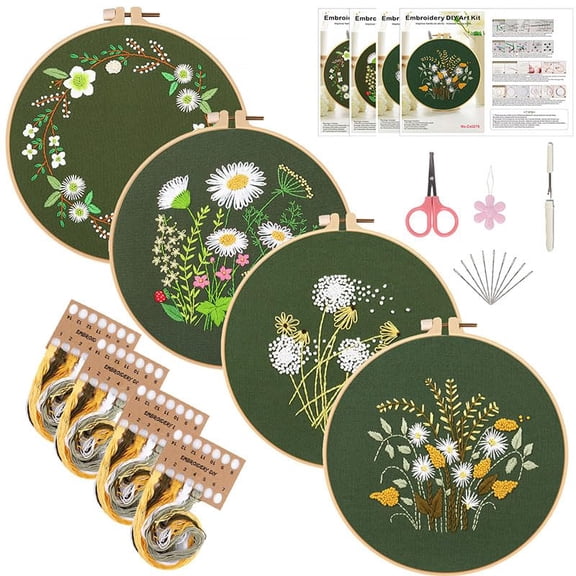 4Pcs Needlepoint Kits for Adults Embroidery Kit for Beginners - Complete Mindful Floral DIY Craft Sets with Pre-Printed Fabrics Hoops Threads Tools Therapeutic Cross Stitch Kits Step-by-Step Green