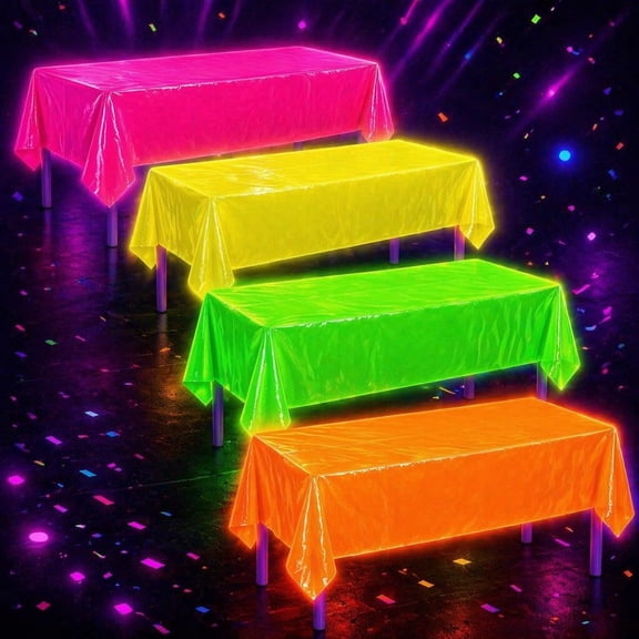 4Pcs Neon Plastic Tablecloths 54x108 Inch Rectangle Disposable UV Blacklight Glow Table Covers for Neon Birthday Black Light Party Decor, Multiolor 1