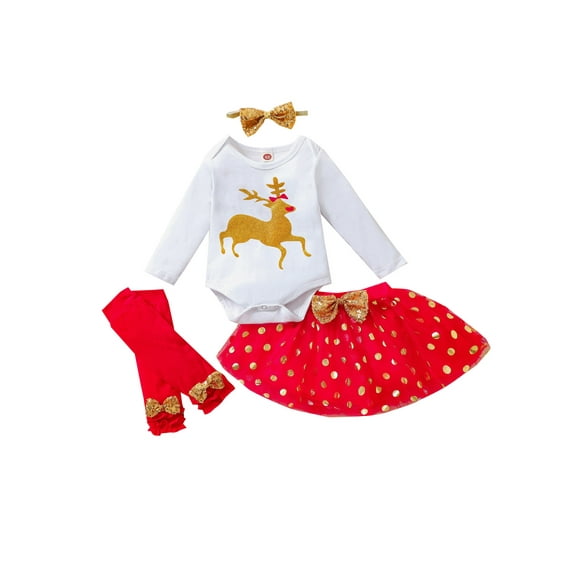 4Pcs Newborn Baby Girls Christmas Romper Tutu Dress Outfit Headband Leg Warmer Shoes