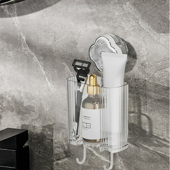 4Pcs No-Drill Bathroom Suction Storage Box with 2 Hook,Corrugated Suction Cup Storage Holder,Powerful Suction Storage Box,Removable Hanging Storage Basket, No Drilling Shelves Caddy