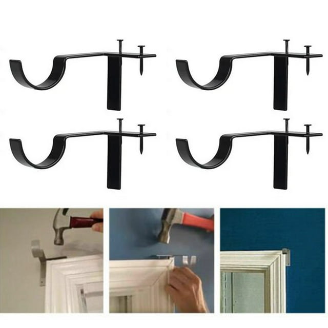 4Pcs No Drill Curtain Rod Brackets, Zinc Alloy Holder with Mounting Hardware, Nail Free Hanging