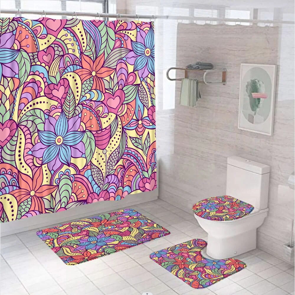 4pcs Nordic Europe Floral Shower Curtain Sets Boho Bohemia Geometric