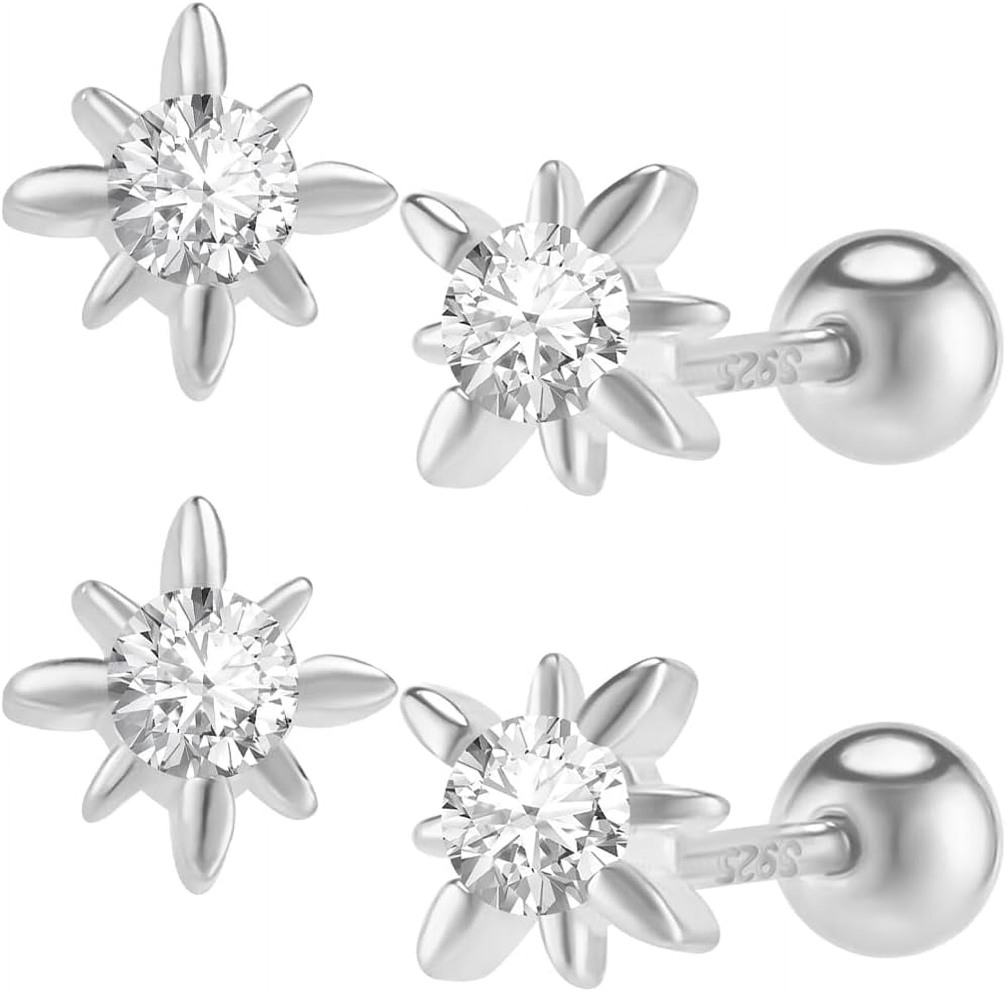 4Pcs North Star Earrings 925 Sterling Silver Star Cubic Zirconia Stud Earrings with Screw Ball Backs Tiny 5 x 5mm Clear