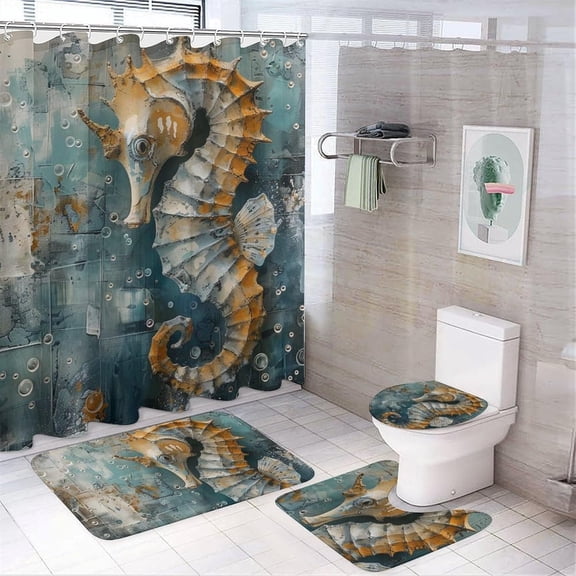 4Pcs Ocean Animal Fantasy Shower Curtain Sets, Bath Mat and Rugs, Glam Seahorse Nautical Shower Curtain with Hooks for Bathroom