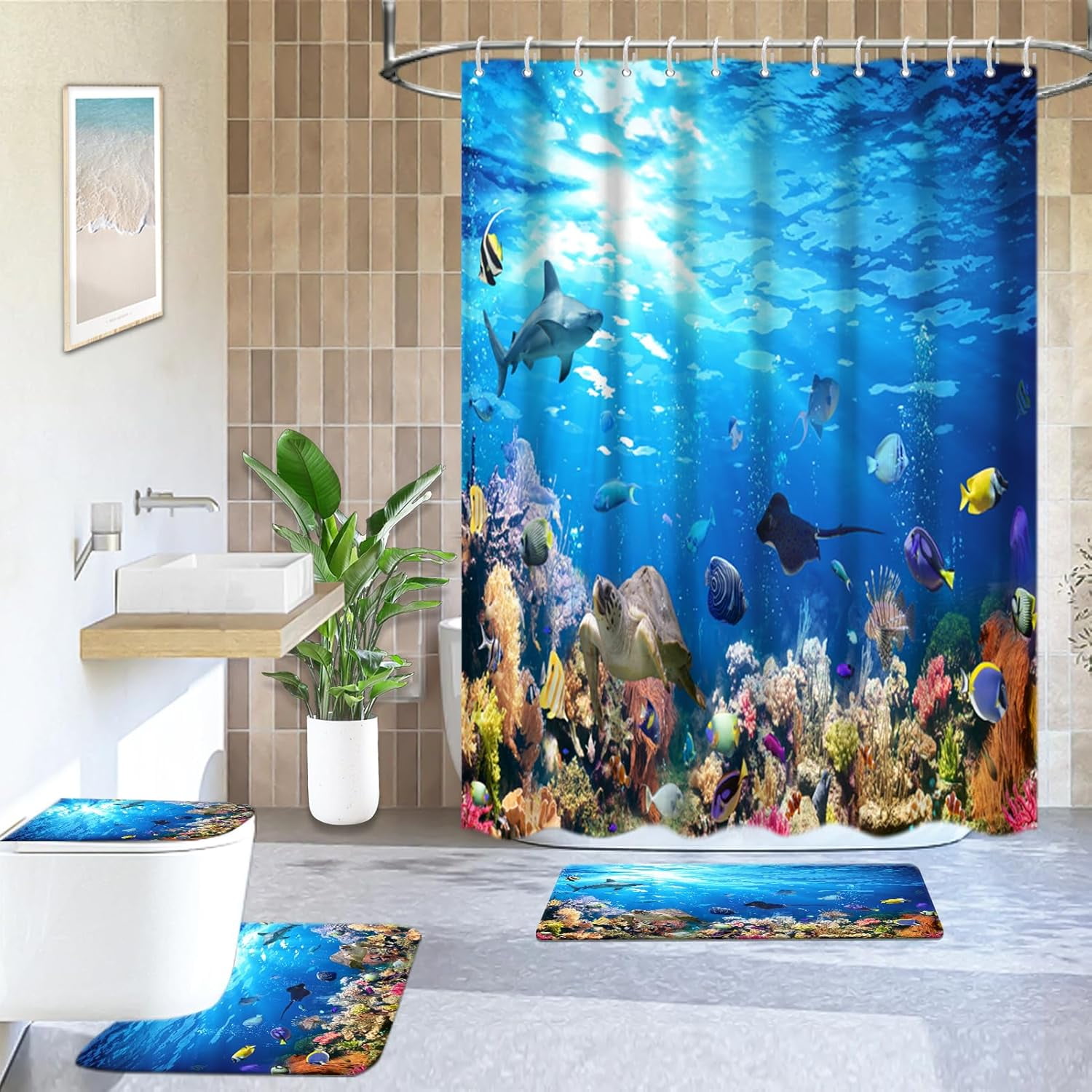 4Pcs Kids Bathroom Shower Curtain Sets with Rugs, Mermaid Swinging ...